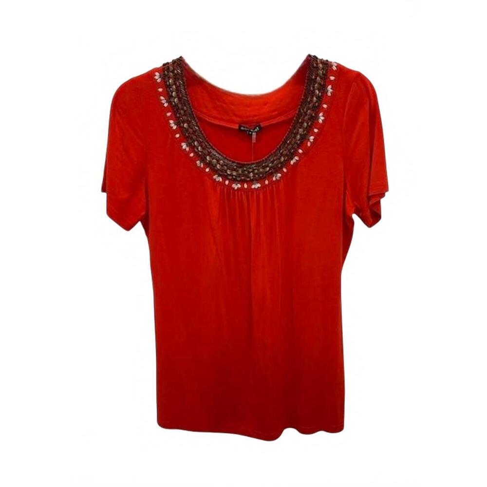 NEW 600 WEST women short sleeve beaded tee in tomato